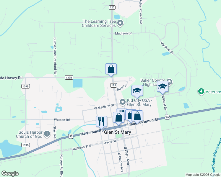 map of restaurants, bars, coffee shops, grocery stores, and more near 10600 County Road 125 in Glen Saint Mary