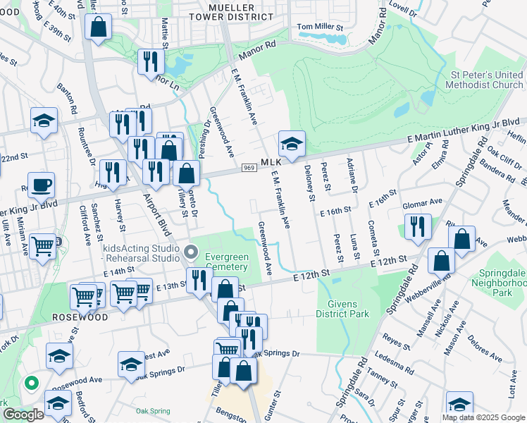 map of restaurants, bars, coffee shops, grocery stores, and more near 1704 E. M. Franklin Avenue in Austin