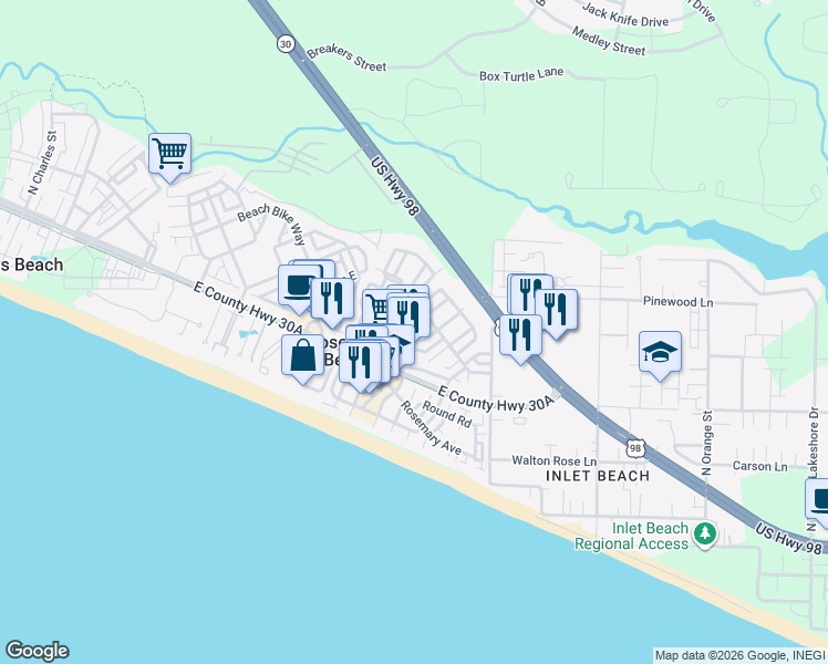 map of restaurants, bars, coffee shops, grocery stores, and more near 43 Hamilton Lane in Panama City Beach