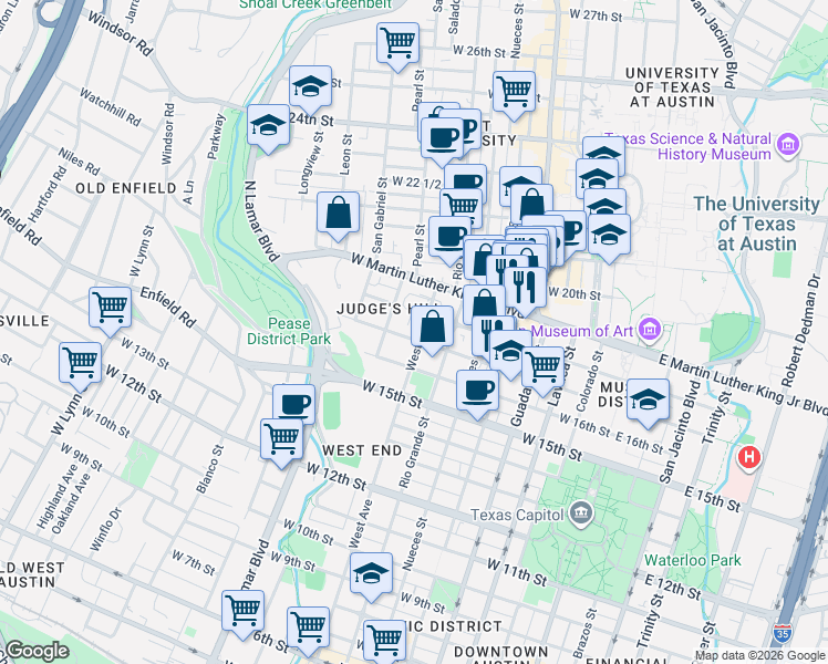 map of restaurants, bars, coffee shops, grocery stores, and more near in Austin