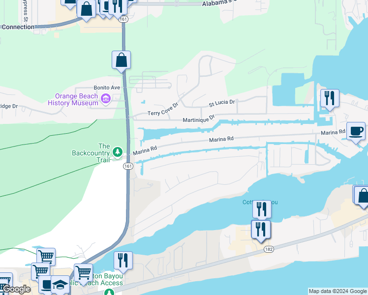 map of restaurants, bars, coffee shops, grocery stores, and more near 26289 Marina Road in Orange Beach