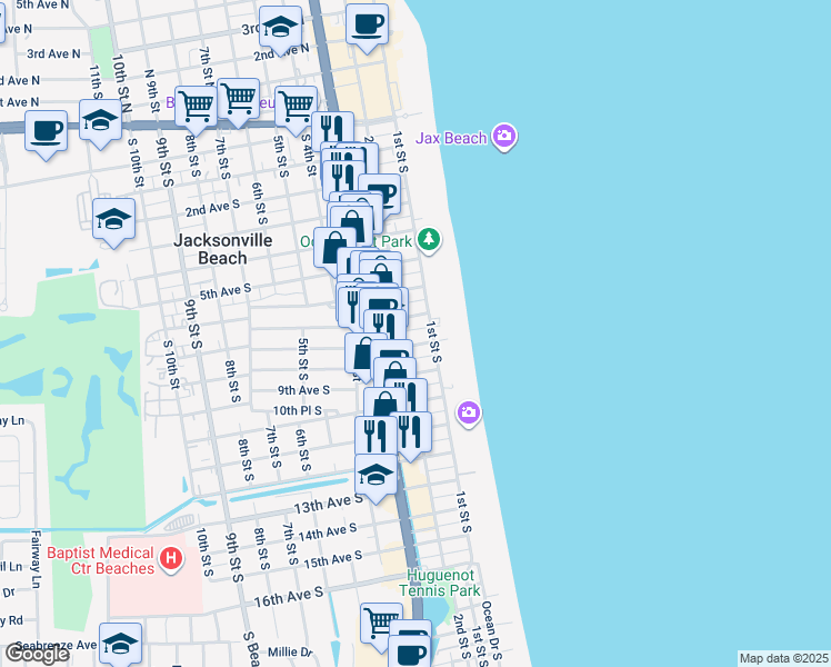 map of restaurants, bars, coffee shops, grocery stores, and more near 113 7th Avenue South in Jacksonville Beach