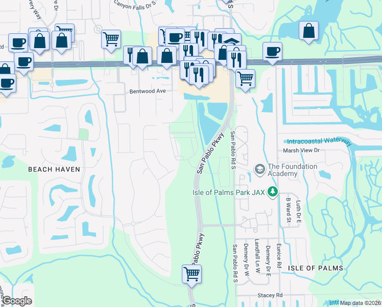 map of restaurants, bars, coffee shops, grocery stores, and more near 3461 Washburn Road in Jacksonville