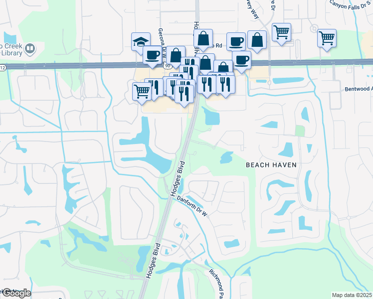 map of restaurants, bars, coffee shops, grocery stores, and more near 3749 Casitas Drive in Jacksonville