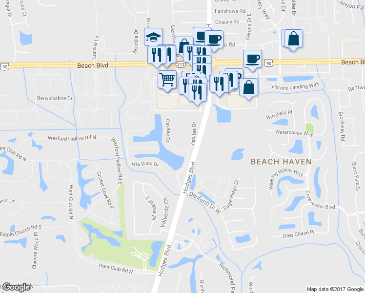 map of restaurants, bars, coffee shops, grocery stores, and more near 3669 Casitas Drive in Jacksonville