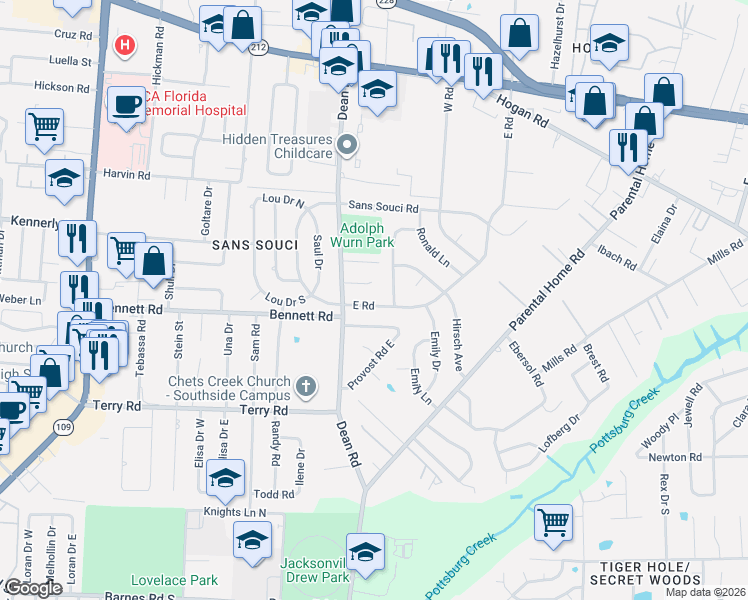 map of restaurants, bars, coffee shops, grocery stores, and more near 6725 Laralou Court in Jacksonville