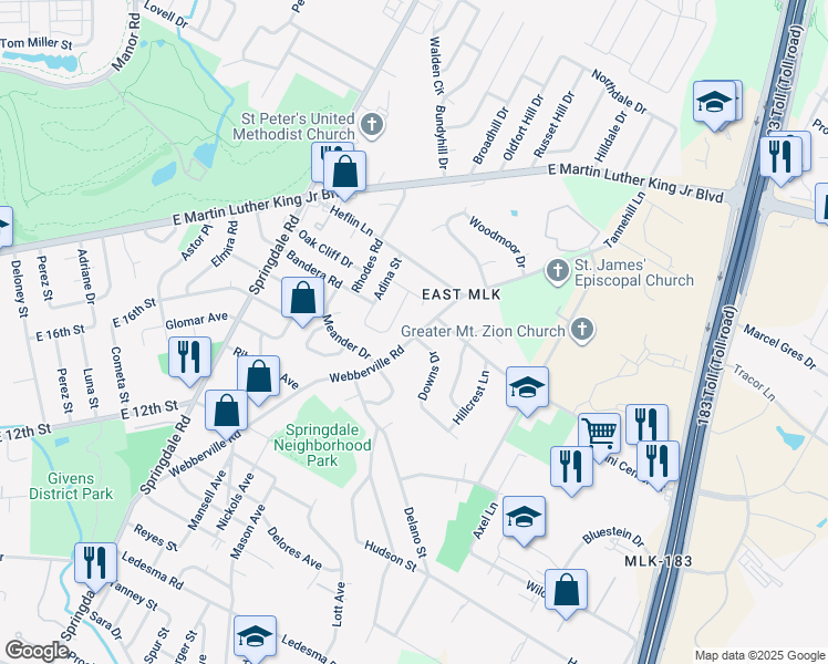 map of restaurants, bars, coffee shops, grocery stores, and more near 5213 Rob-Scott Street in Austin