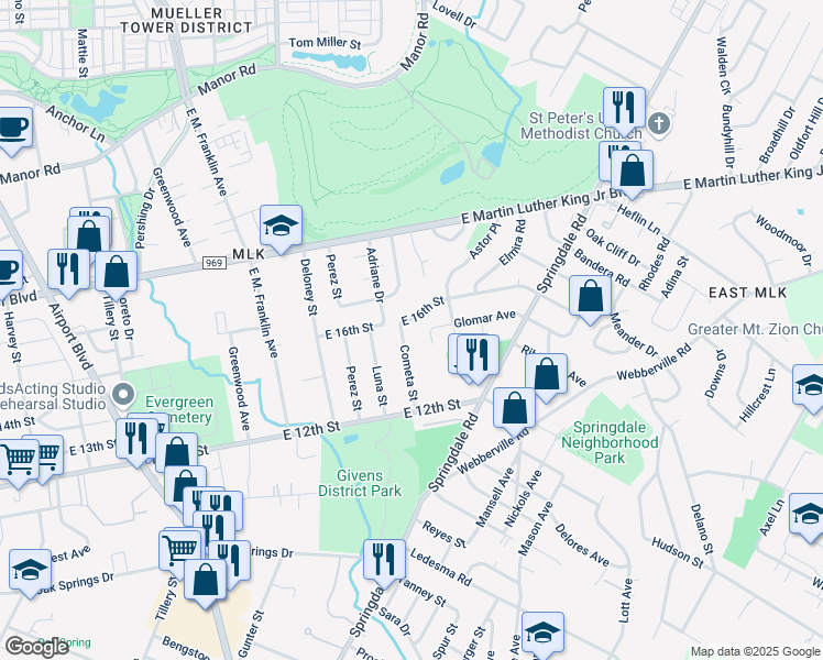 map of restaurants, bars, coffee shops, grocery stores, and more near 1619 J J Seabrook Drive in Austin