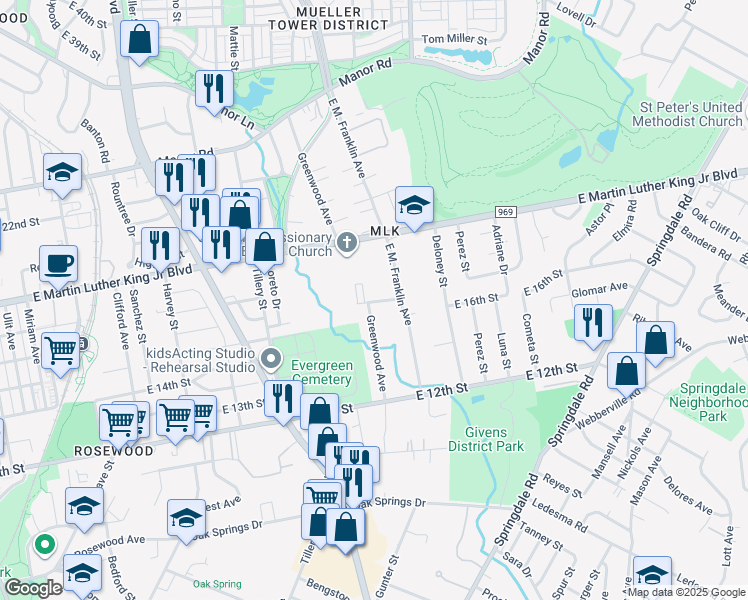 map of restaurants, bars, coffee shops, grocery stores, and more near 1704 E. M. Franklin Avenue in Austin