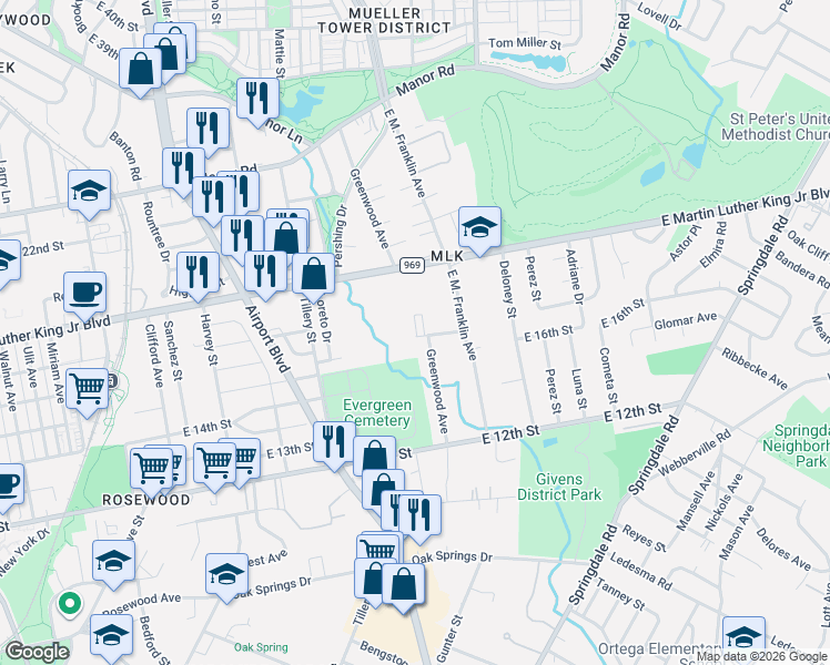 map of restaurants, bars, coffee shops, grocery stores, and more near 3417 East Martin Luther King Junior Boulevard in Austin