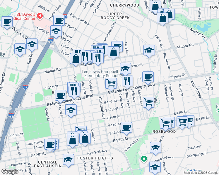 map of restaurants, bars, coffee shops, grocery stores, and more near 2501 Weber Avenue in Austin