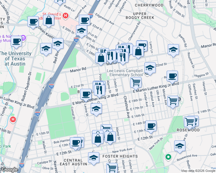map of restaurants, bars, coffee shops, grocery stores, and more near 2107 East 21st Street in Austin