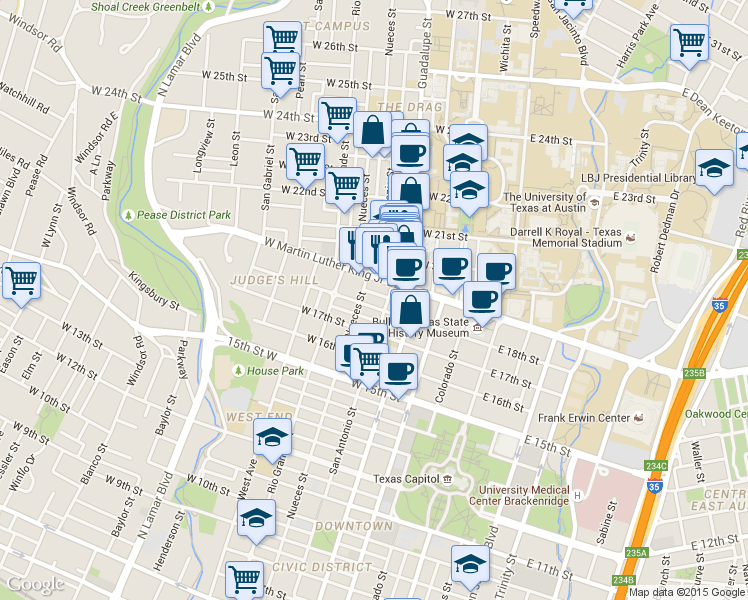 map of restaurants, bars, coffee shops, grocery stores, and more near 503 West Martin Luther King Junior Boulevard in Austin