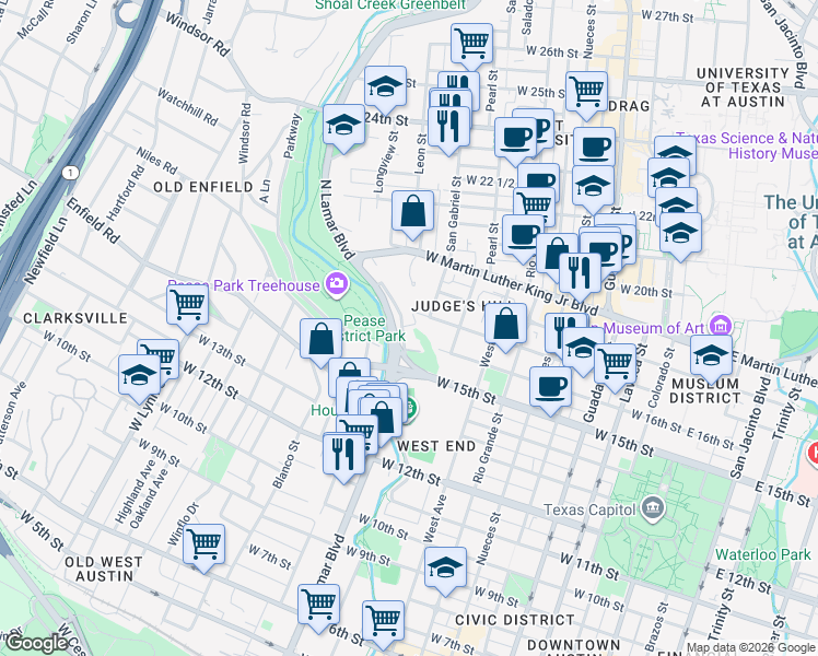 map of restaurants, bars, coffee shops, grocery stores, and more near 1609 Shoal Creek Boulevard in Austin