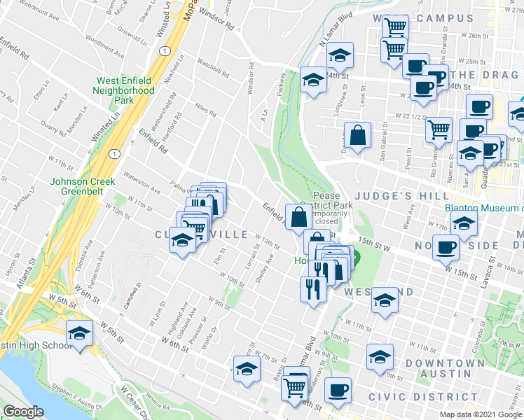 map of restaurants, bars, coffee shops, grocery stores, and more near 1504 Lorrain Street in Austin
