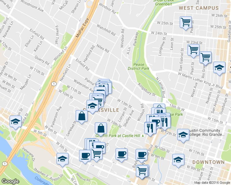 map of restaurants, bars, coffee shops, grocery stores, and more near 1524 Palma Plaza in Austin