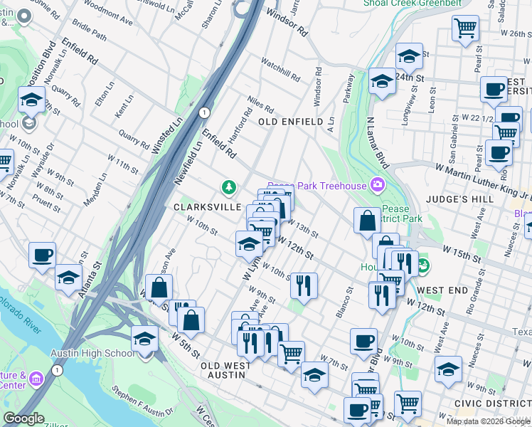 map of restaurants, bars, coffee shops, grocery stores, and more near 1614 West 14th Street in Austin