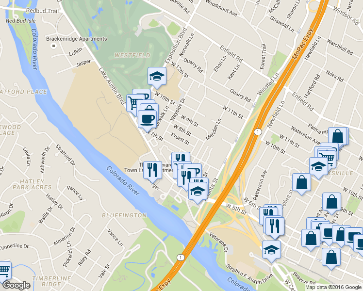 map of restaurants, bars, coffee shops, grocery stores, and more near 2402 Pruett Street in Austin