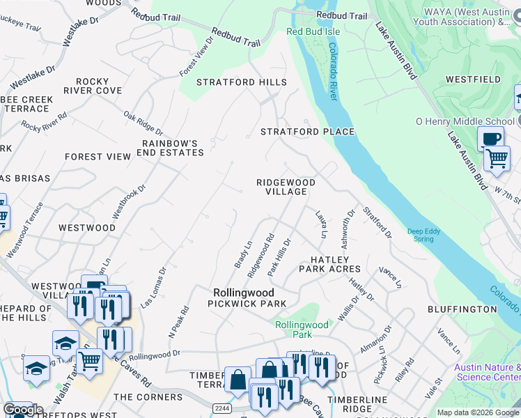 map of restaurants, bars, coffee shops, grocery stores, and more near 16 Sugar Shack Drive in West Lake Hills