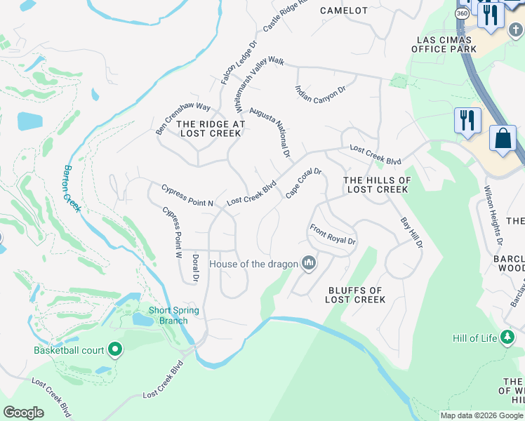 map of restaurants, bars, coffee shops, grocery stores, and more near 1707 Lost Creek Boulevard in Austin