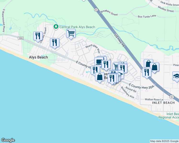 map of restaurants, bars, coffee shops, grocery stores, and more near 41 Elysee Court in Inlet Beach