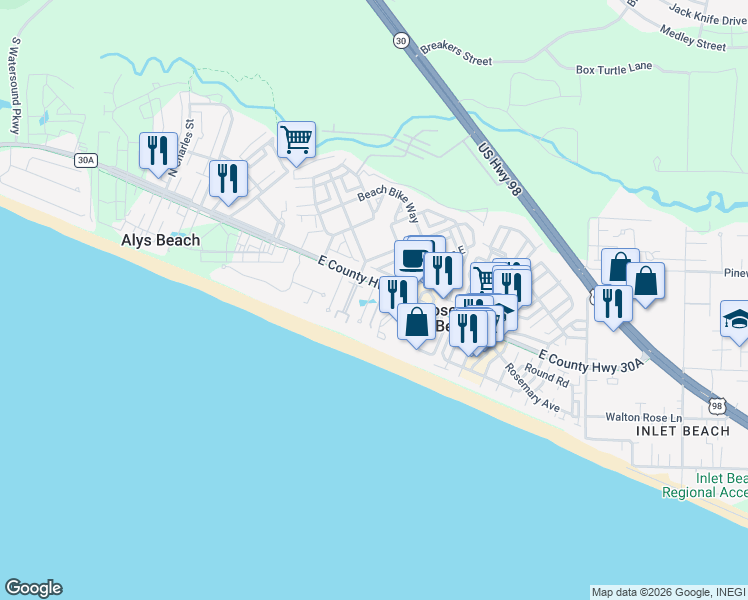 map of restaurants, bars, coffee shops, grocery stores, and more near 8442 East County Highway 30A in Panama City Beach