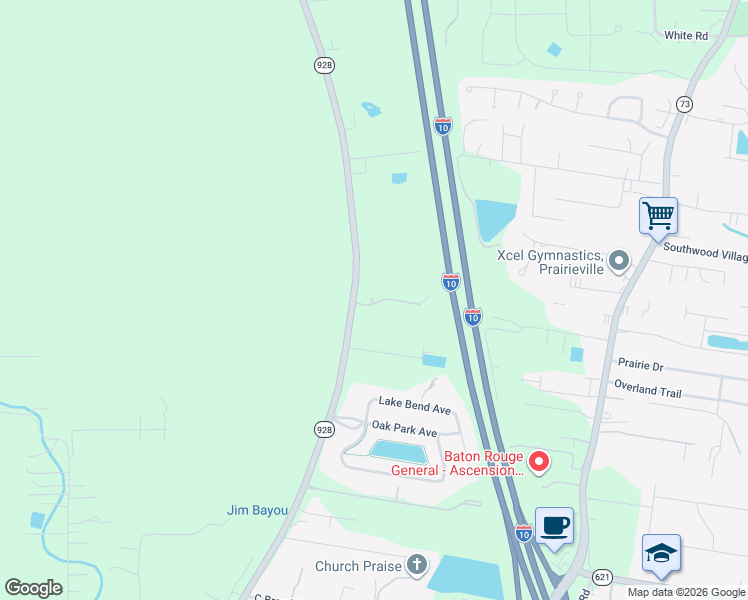 map of restaurants, bars, coffee shops, grocery stores, and more near 14548 Bluff Road in Prairieville
