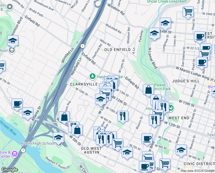 map of restaurants, bars, coffee shops, grocery stores, and more near 1614 West 14th Street in Austin