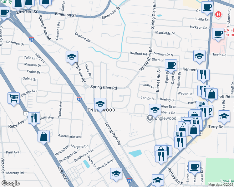 map of restaurants, bars, coffee shops, grocery stores, and more near 5118 Spring Glen Road in Jacksonville