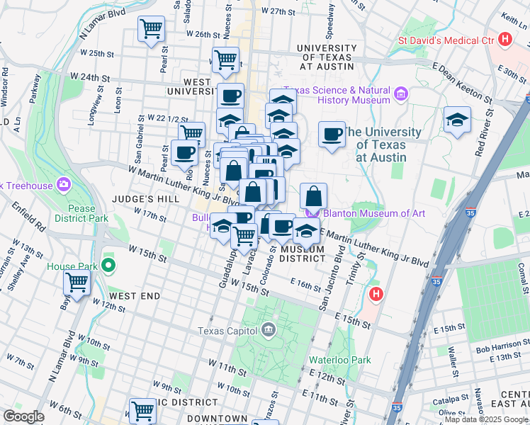 map of restaurants, bars, coffee shops, grocery stores, and more near Lavaca St & W Martin Luther King Jr Blvd in Austin