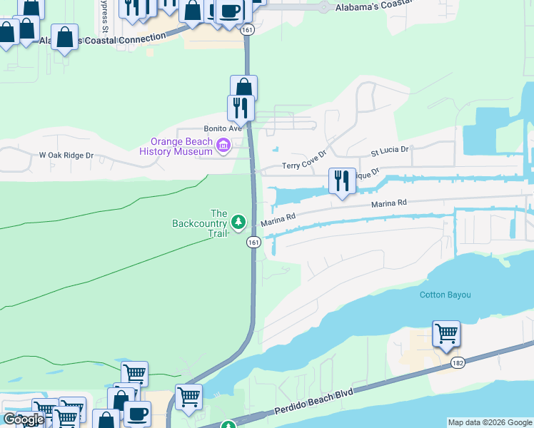 map of restaurants, bars, coffee shops, grocery stores, and more near 3872 Orange Beach Boulevard in Orange Beach