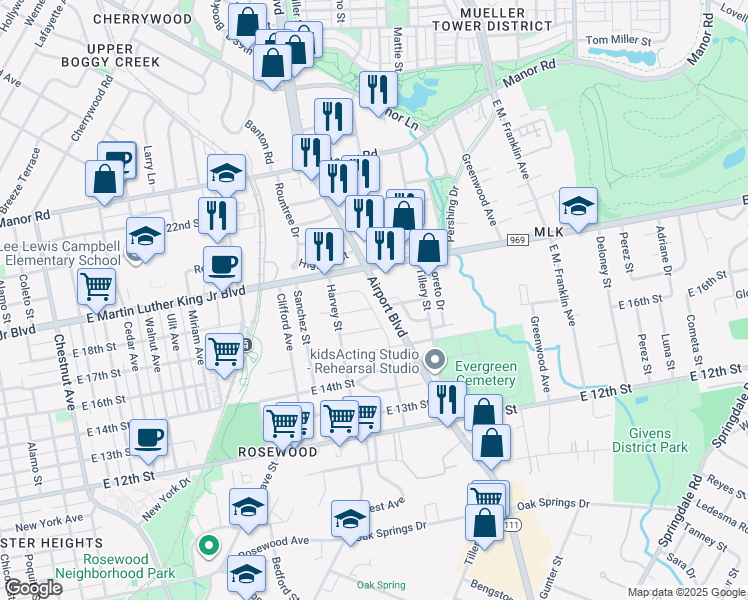 map of restaurants, bars, coffee shops, grocery stores, and more near 1803 McKinley Avenue in Austin