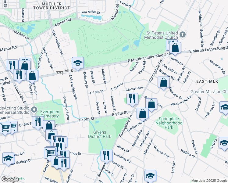 map of restaurants, bars, coffee shops, grocery stores, and more near 1619 J J Seabrook Drive in Austin