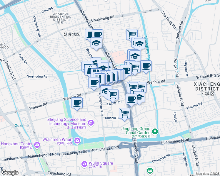 map of restaurants, bars, coffee shops, grocery stores, and more near Wen Hui Lu in Hangzhou Shi