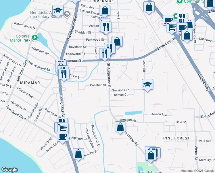 map of restaurants, bars, coffee shops, grocery stores, and more near 3863 Saint Augustine Road in Jacksonville