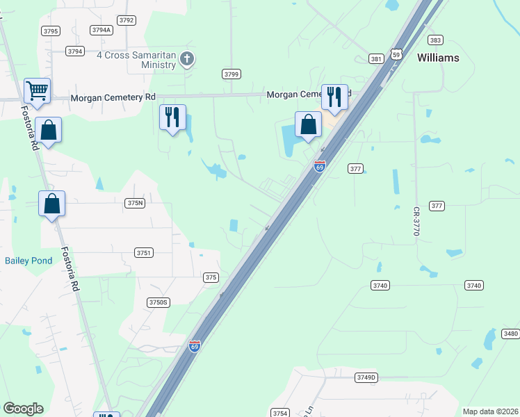 map of restaurants, bars, coffee shops, grocery stores, and more near 3978 U.S. 59 in Cleveland