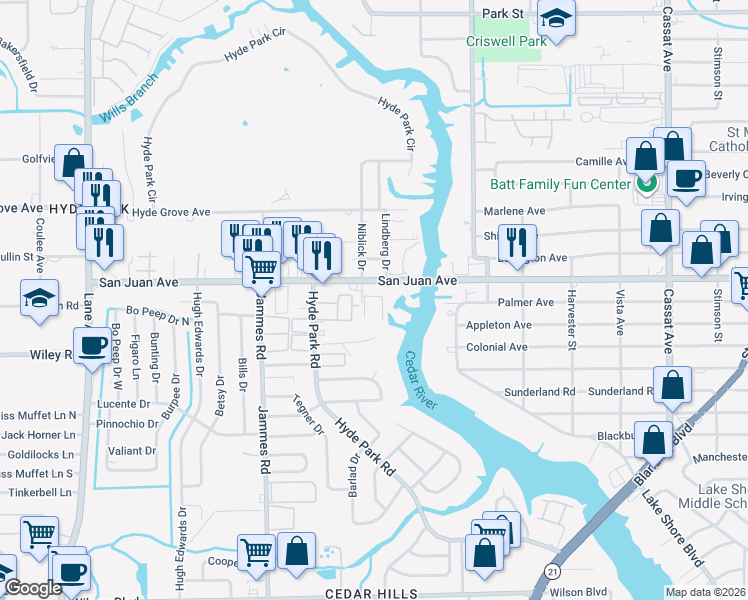 map of restaurants, bars, coffee shops, grocery stores, and more near 2039 Niblick Drive in Jacksonville