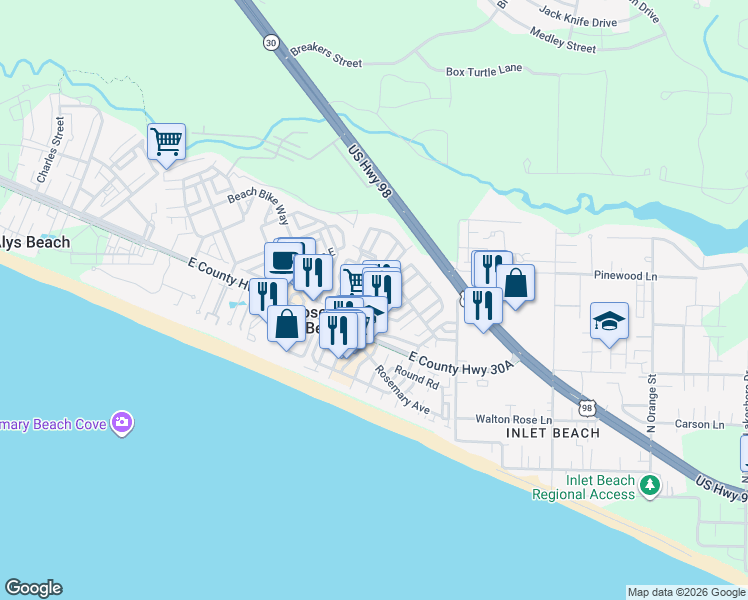 map of restaurants, bars, coffee shops, grocery stores, and more near 51 West Water Street in Rosemary Beach