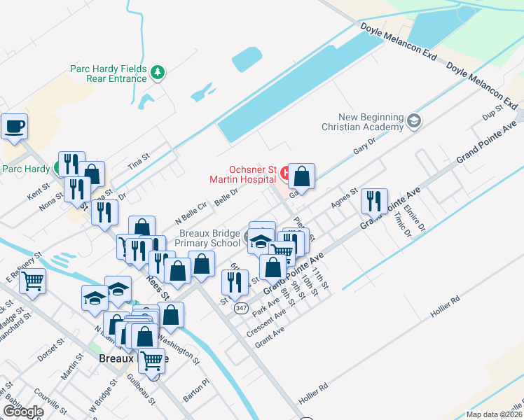 map of restaurants, bars, coffee shops, grocery stores, and more near 834 Belle Drive in Breaux Bridge