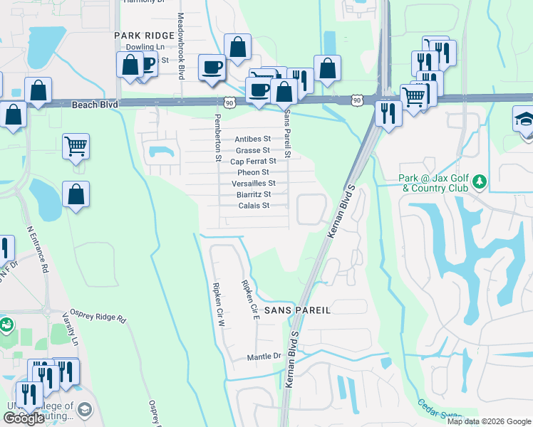map of restaurants, bars, coffee shops, grocery stores, and more near 12171 Calais Street in Jacksonville