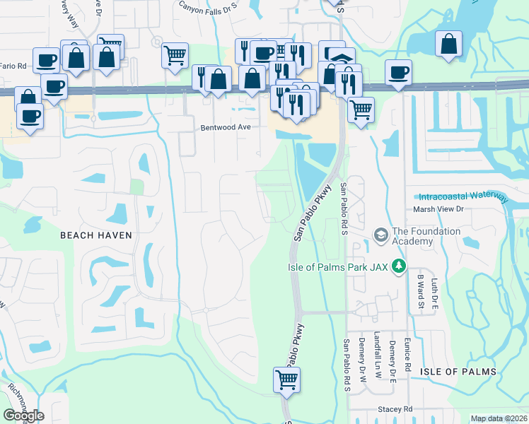 map of restaurants, bars, coffee shops, grocery stores, and more near 3628 Marsh Reserve Boulevard in Jacksonville