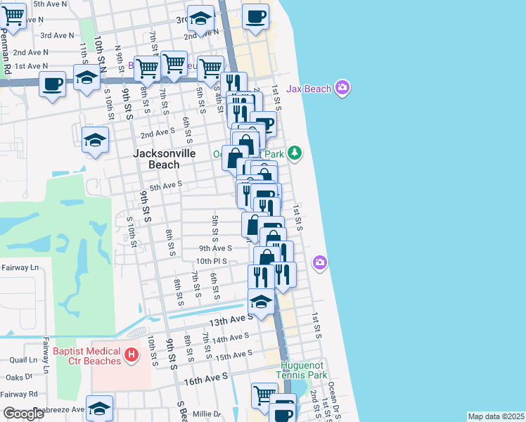 map of restaurants, bars, coffee shops, grocery stores, and more near 675 3rd Street South in Jacksonville Beach