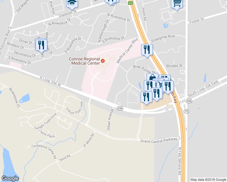 map of restaurants, bars, coffee shops, grocery stores, and more near 1600 Grand Lake Drive in Conroe