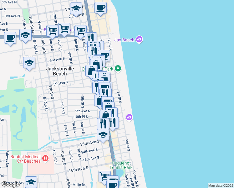 map of restaurants, bars, coffee shops, grocery stores, and more near 113 7th Avenue South in Jacksonville Beach