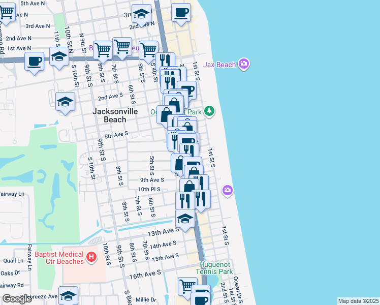 map of restaurants, bars, coffee shops, grocery stores, and more near 675 3rd Street South in Jacksonville Beach