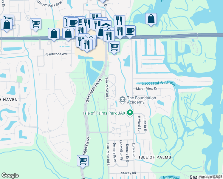 map of restaurants, bars, coffee shops, grocery stores, and more near 14401 Jose Vedra Boulevard in Jacksonville