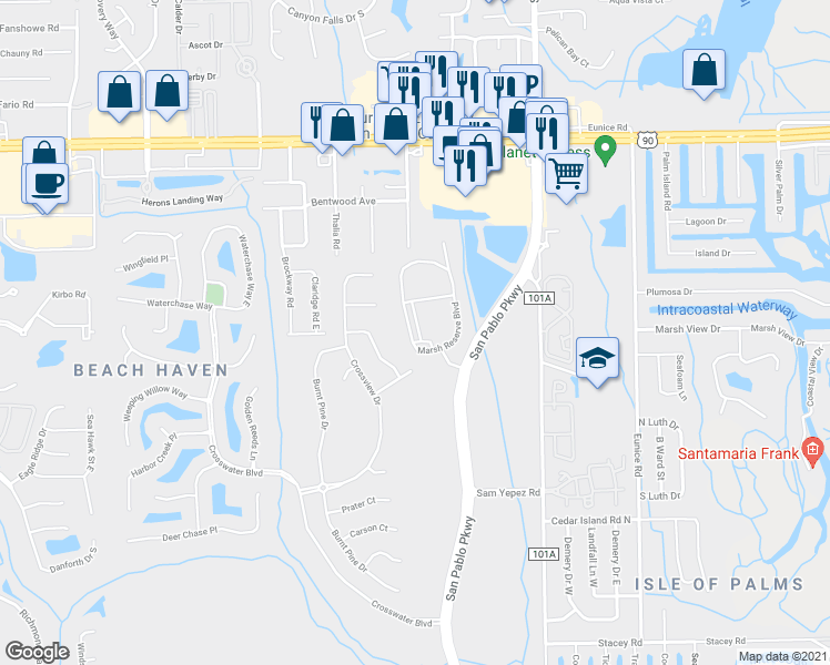 map of restaurants, bars, coffee shops, grocery stores, and more near 3628 Marsh Reserve Boulevard in Jacksonville