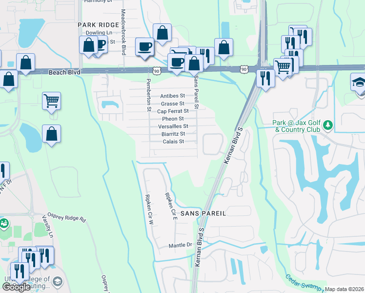 map of restaurants, bars, coffee shops, grocery stores, and more near 12171 Calais Street in Jacksonville