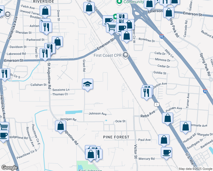 map of restaurants, bars, coffee shops, grocery stores, and more near in Jacksonville