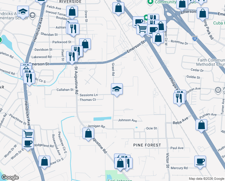 map of restaurants, bars, coffee shops, grocery stores, and more near 3856 Grant Road in Jacksonville